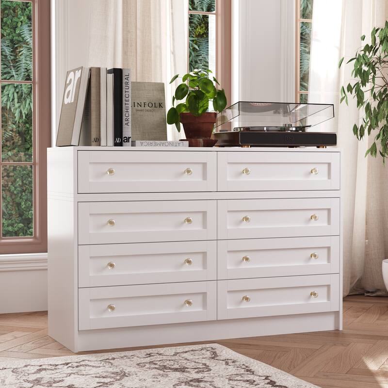 White Dresser & Vanity Combo Spacious Storage with Chic Crystal Knobs