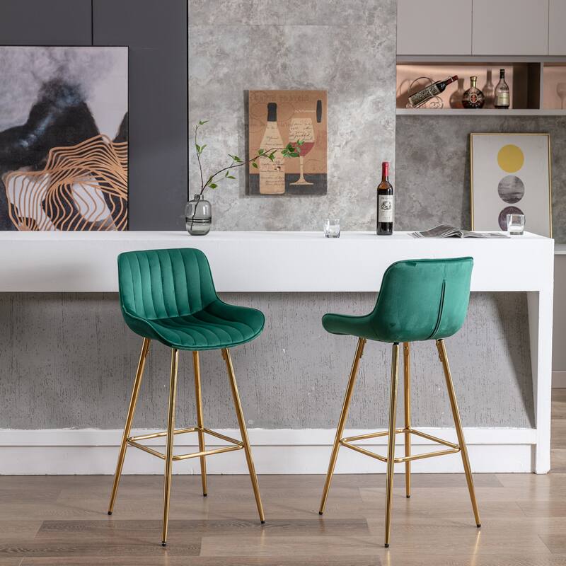 30 inch Set of 2 Bar Stools,with Chrome Footrest Velvet Fabric Counter Stool Golden Leg Simple High Bar Stool,black