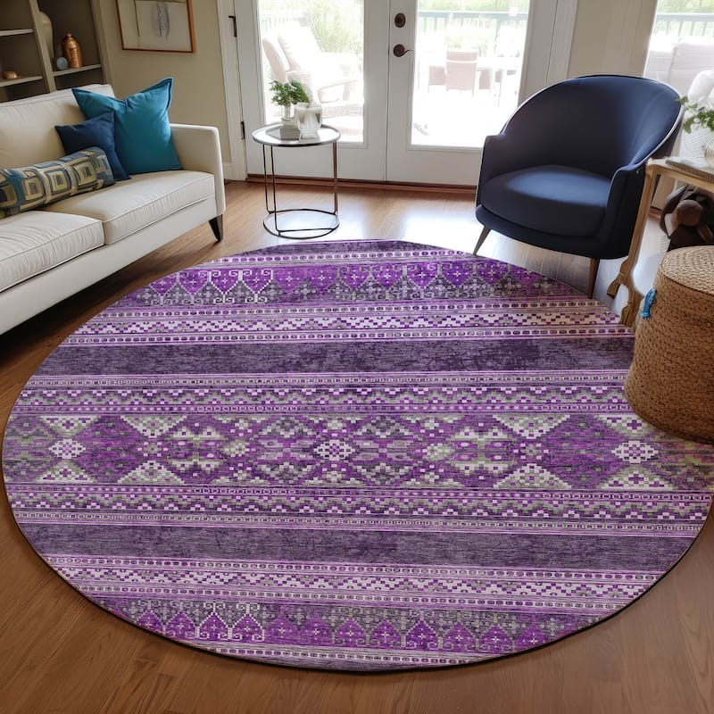 Machine Washable Indoor/ Outdoor Chantille Boho Tribal Rug - Purple - 8' x 8'