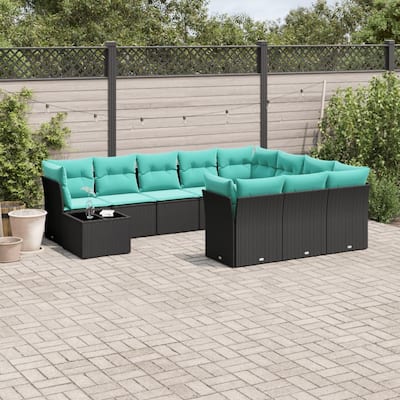 vidaXL 11 Piece Patio Sofa Set with Cushions Black Poly Rattan - 145.6x27.2x92.2