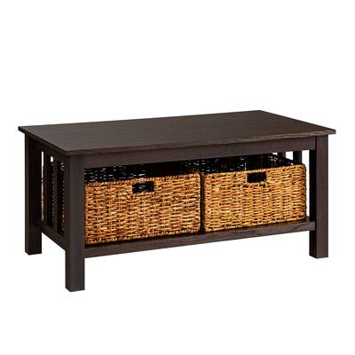 Traditional Coffee Table with Wicker Storage Baskets and Ample Shelf Space, Elegant Living Room Piece
