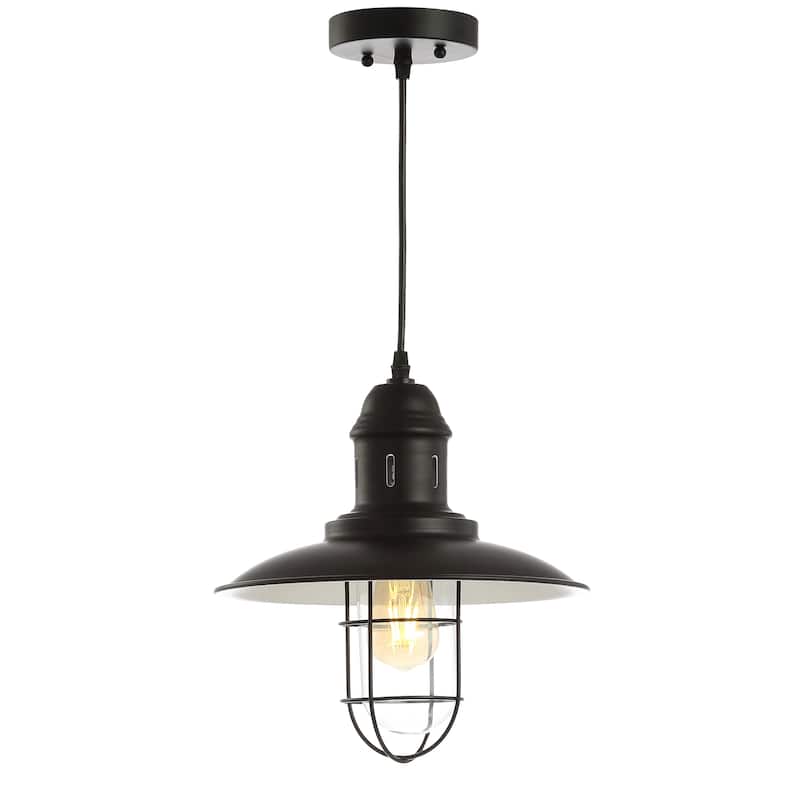 Deere 12" Adjustable Iron/Glass Cage Light LED Kitchen Pendant, Black by JONATHAN Y