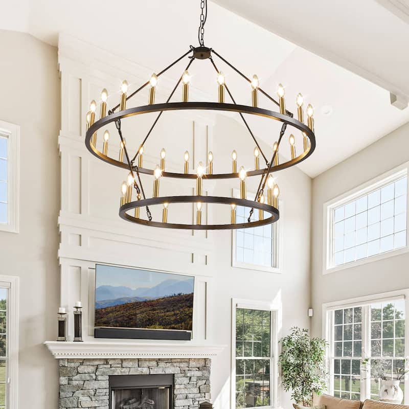 Modern Farmhouse Chandelier 2 Tier Round Wagon Wheel Chandelier Large High Ceiling Light. - 47 Inch - Black&Gold