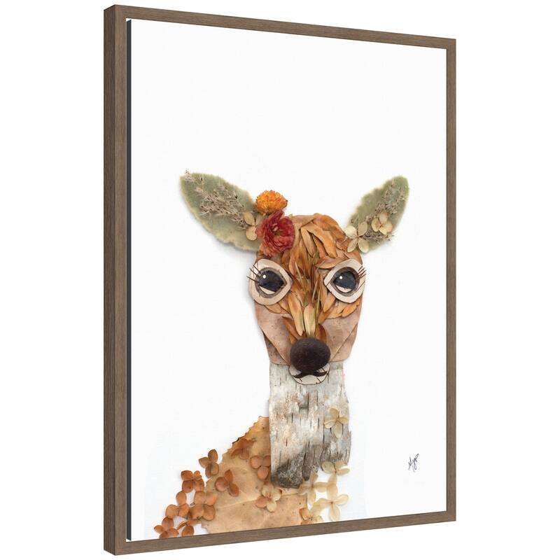 Kate and Laurel Deer with Flowers by Madeline Jeppesen Framed Canvas Wall Art Print - 18x24 - Walnut