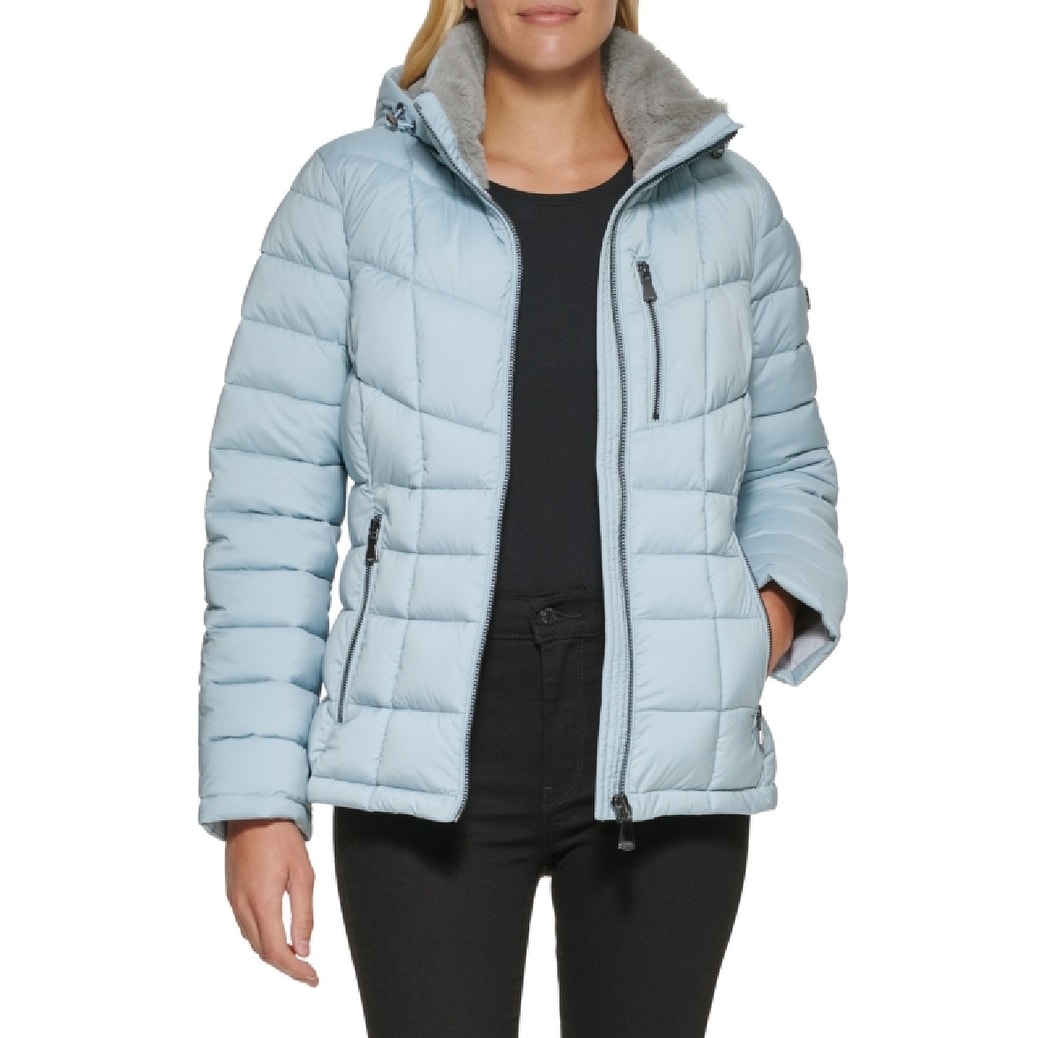 Calvin Klein Women's Faux Fur Trim Hooded Puffer Coat Blue Size