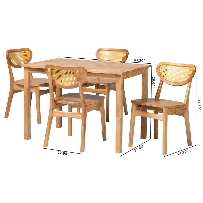 Haviland Mid-Century Oak Brown Finished Wood and Rattan 5-Piece Dining Set