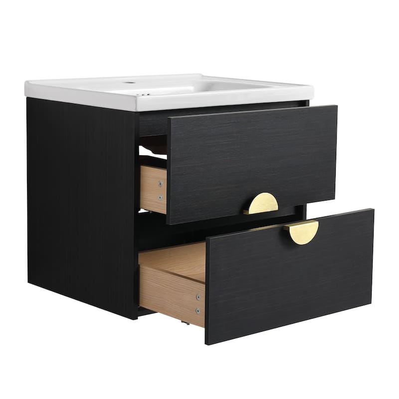 24 inch Wall-Mounted Bathroom Vanity Set in Black with Integrated Ceramic Sink
