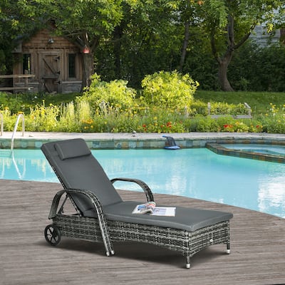Outsunny Patio Wicker Cushioned Single Lounge, Outdoor PE Rattan Wheeled Chaise Lounge Chair Height Adjustable Backrest