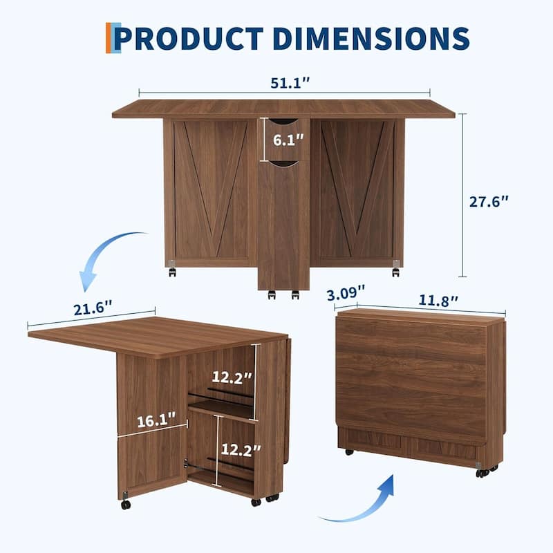 Folding Kitchen Dining Table with Drawer and Storage and Wheels for Kitchens, Apartments (Only Table)