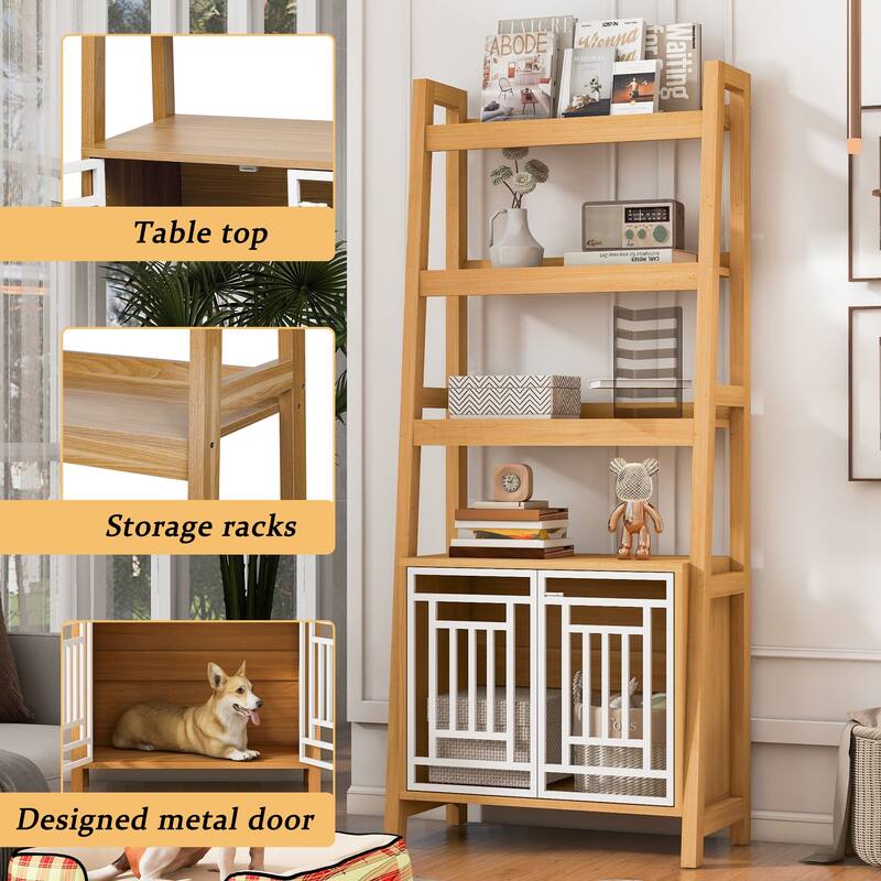 Furniture Style Dog Crate w/Ladder Bookcase，Dog Crate Furniture with Storage Shelves
