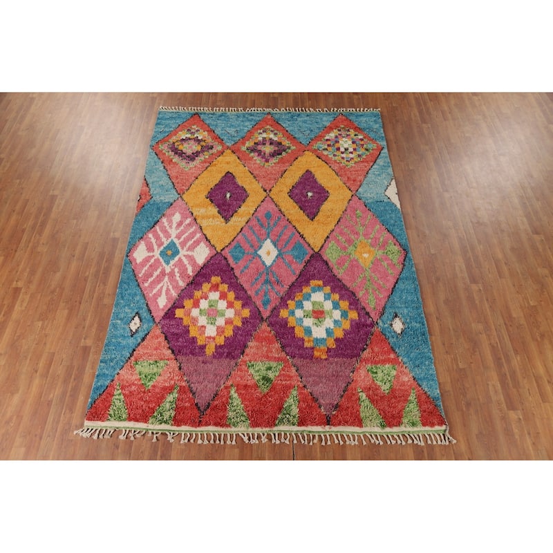 Colorful Trellis Moroccan Area Rug Handmade Geometric Wool Carpet - 7'7" x 11'0"