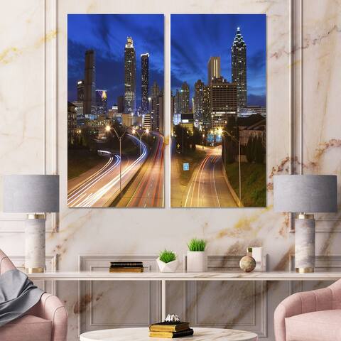 Designart "Atlanta Skyline Twilight Blue Hour" Cityscape Canvas Wall Art Print 2 Piece Set