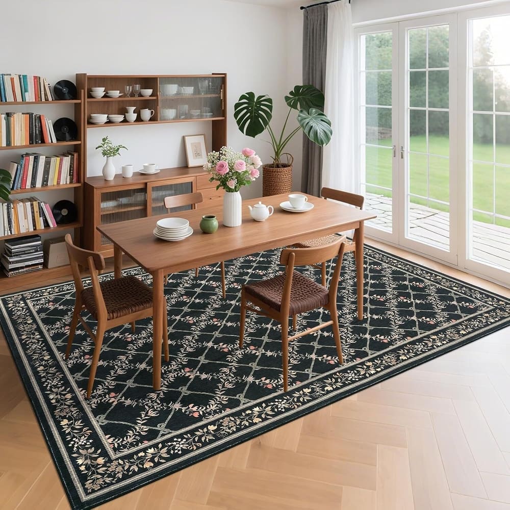 Floral Neutral Washable Hallway Low Pile Area Rug for Bedroom, Living Room, Black - 2' x 3'