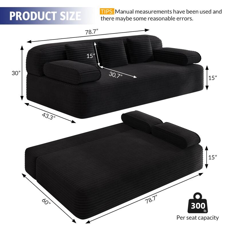 78.7" Convertible Sofa Bed, 2-in-1 Corduroy Couch with 3 Pillows, Modern Folding Boneless Couch