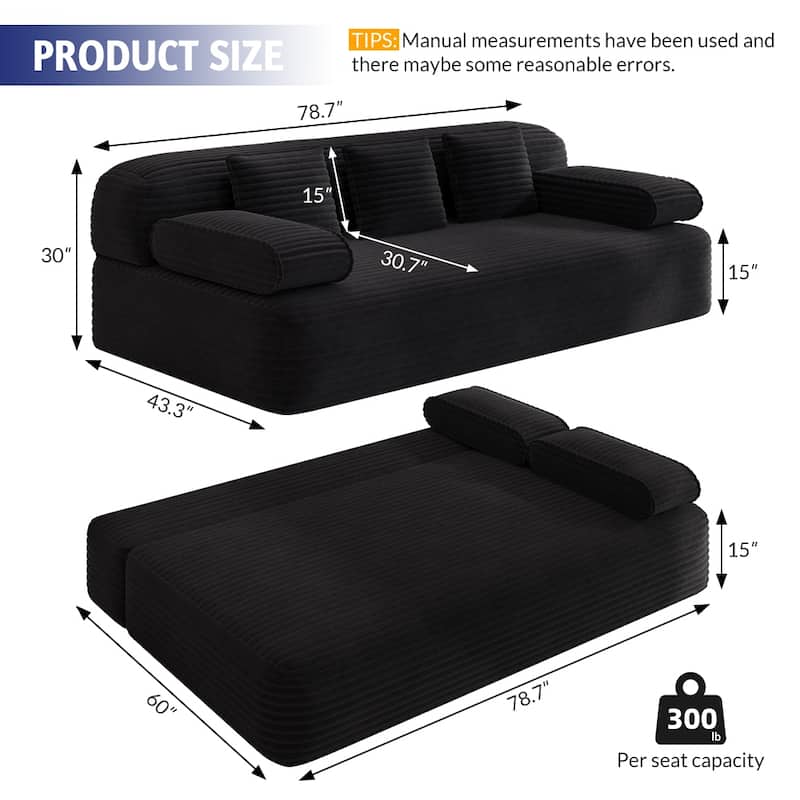 78.7-Inch Convertible Sofa Bed, 2-in-1 Frameless 3-Seater Couch with Plush Corduroy Fabric for Small Spaces