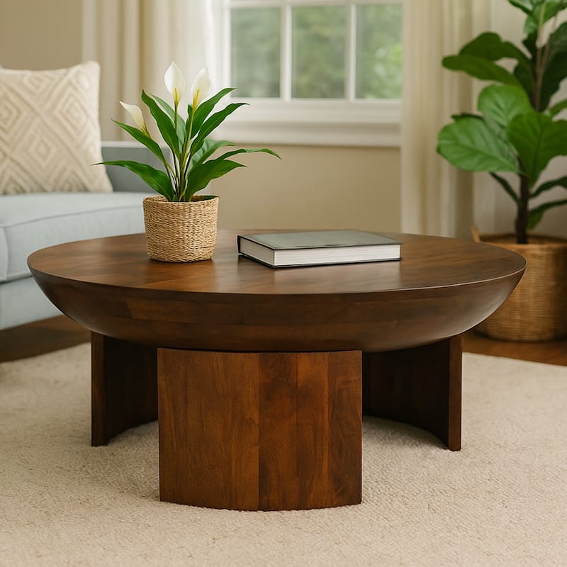 35 Inch Coffee Table, Handcrafted Round Mango Wood Top, Modern Curved Tripod Legs, Walnut Brown - Brown - Wood