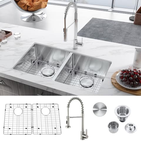 32"x 18"x 9"Double Bowl Kitchen Sink Stainless Steel with Pull Down Faucet - 32*18*9