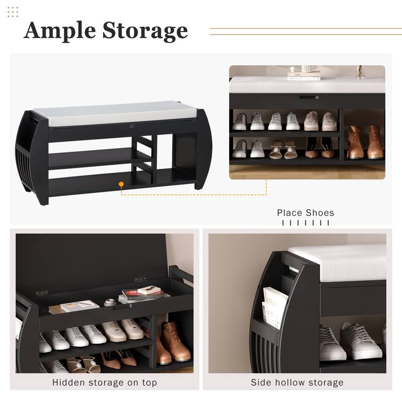 Shoe Bench 2-Tier Storage Bench with Cushion & Curved Side Holder, Wooden Panel Shoe Rack Organizer for Entryway, Living Room