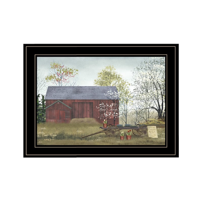 TrendyDecor4U Farmhouse "Flower Wagon" Framed Print Wall Art by Billy Jacobs - Red, White, Green, Brown, Yellow, Earth Tones - Black