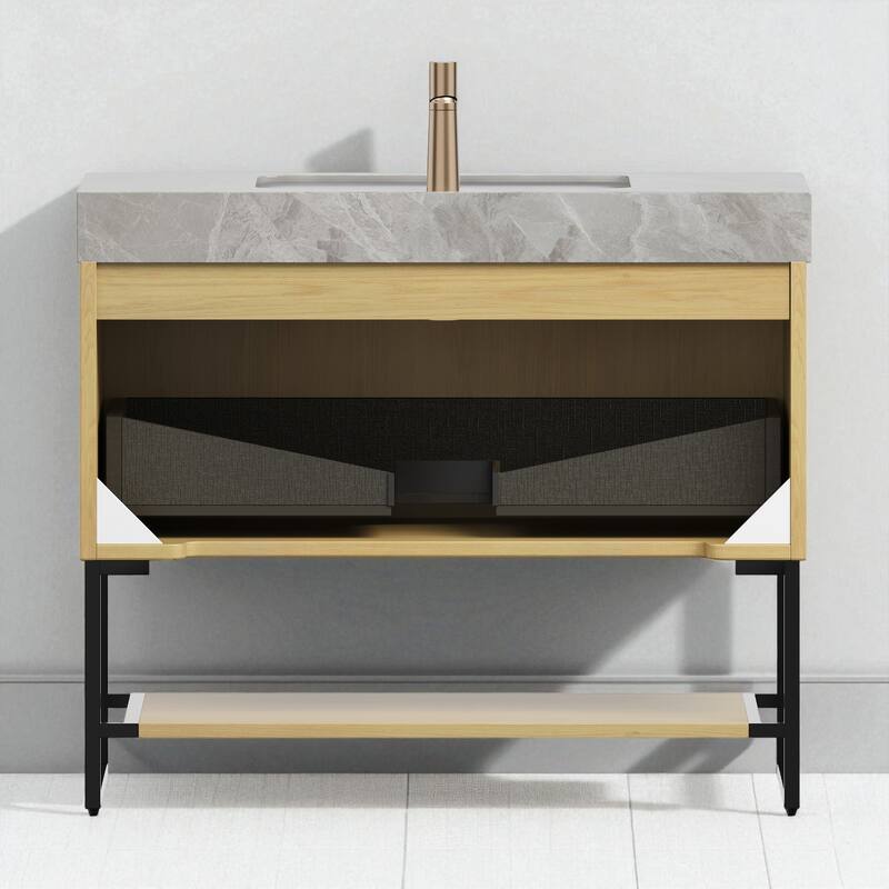 36" Freestanding Bathroom Vanity with Undermount Ceramic Sink Sintered Stone Top Drawer and Open Shelf