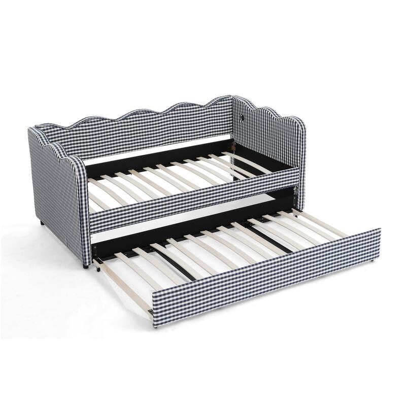Twin Size Gingham Daybed Upholstered Sofa Bed with Trundle, Wave Shaped Armrest & Backrest, USB Port, No Box Spring Needed
