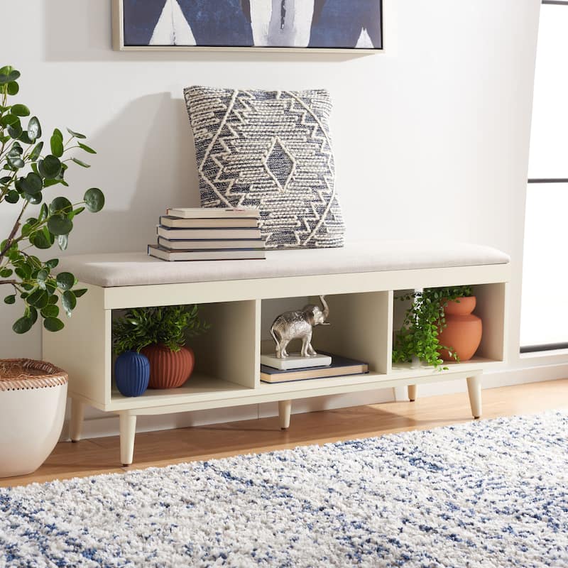 SAFAVIEH Cricket Mid-Century Modern Open Shelf Storage Bench with Cushion
