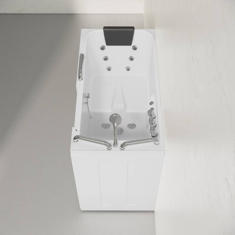 Auvergne 53" X 27" Ada Left Drain Walk-In Soaking Bathtub In White with Faucet Set, Drain, Grab Bars, Pillow - 53