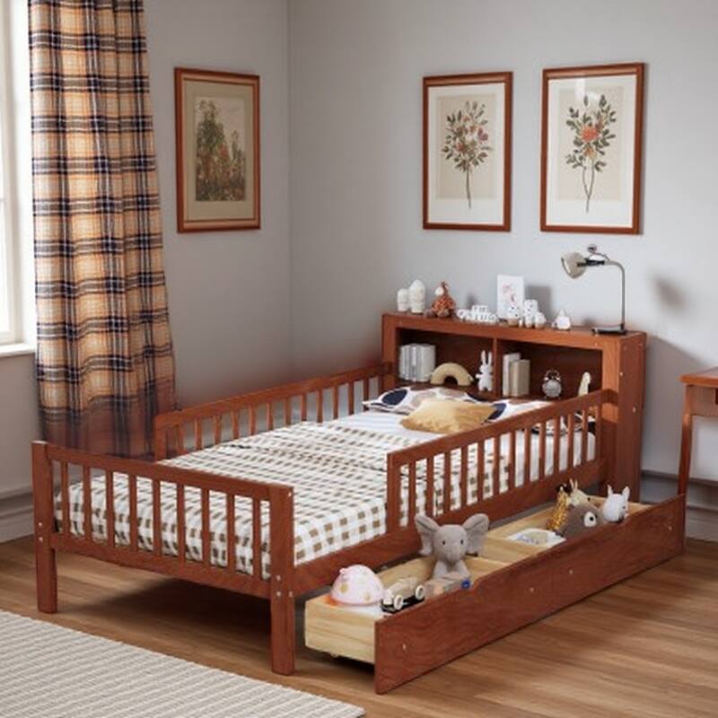 Twin Size Platform Bed with Built-In Headboard Shelves, Safety Guardrails & 2 Storage Drawers, Space-Saving Wood Frame - Walnut