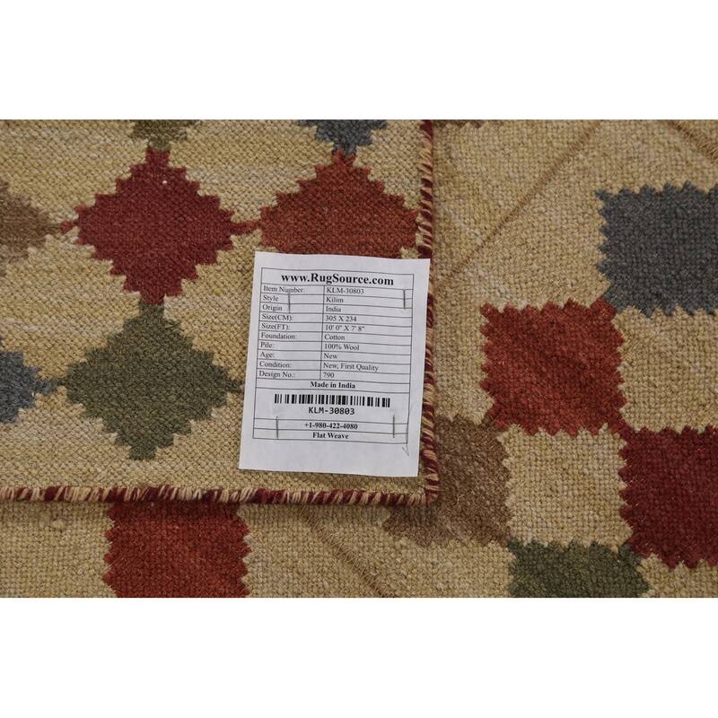 Geometric Kilim Oriental Area Rug Flatweave Beige / Ivory Wool Carpet - 7'8"x 10'0"