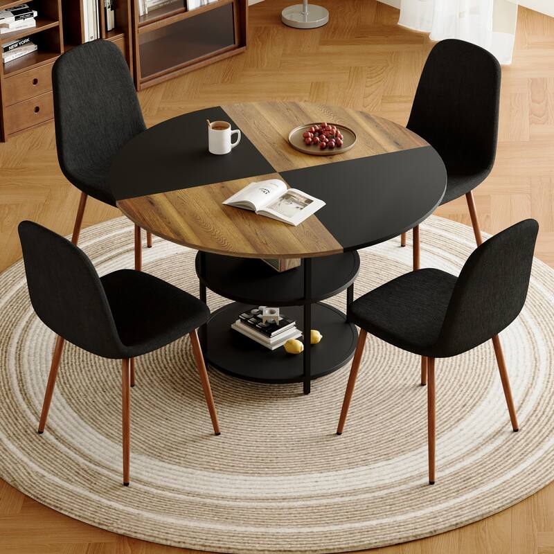 5-piece Natural and Black Spliced Round Dining Table Set with Double-Layer Storage Shelf, Anti-Slip Feet