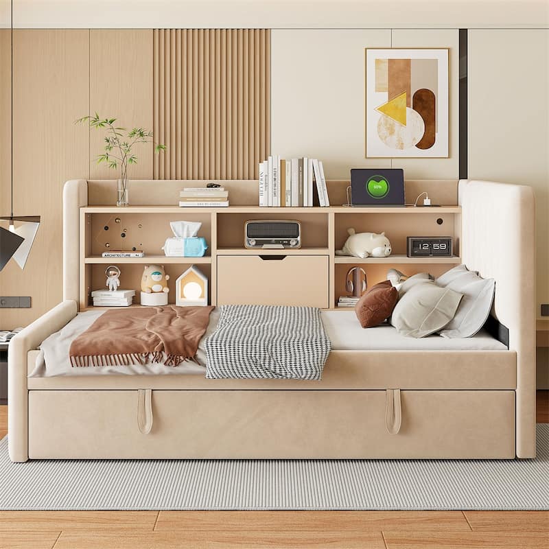 Twin Size Upholstered Daybed with Trundle,Storage Shelves,USB & Outlet - Beige