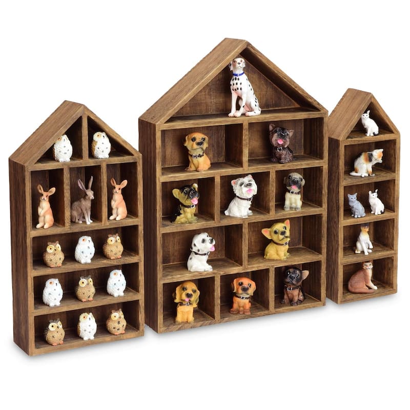 House-Shaped Wooden Shadow Cubby Display Shelf, Set of 3 - Brown