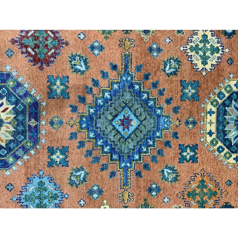 Hand-Knotted Wool Rust/S.Blue Area Rug, 10' x 14', Soft Handwoven Texture for Elegant Living Spaces - L
