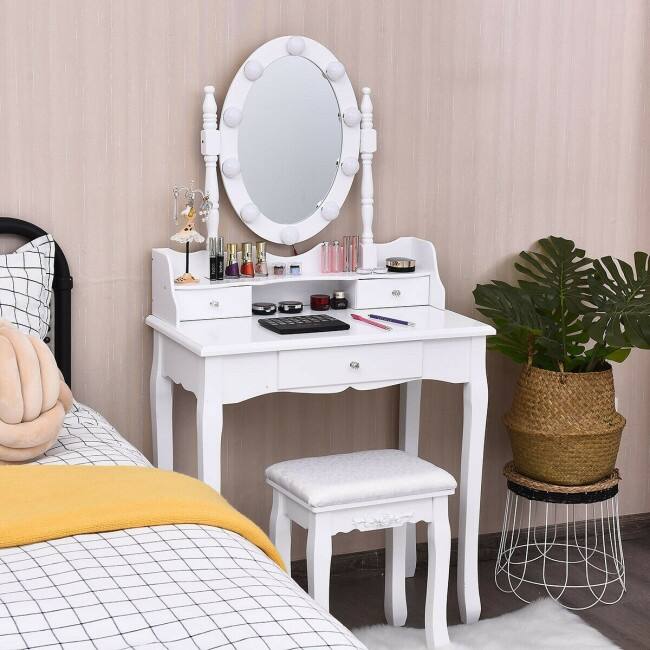Oval Mirror Vanity Set with 10 LED Dimmable Bulbs and 3 Drawers - 29.5" x 16" x 56.5" (L x W x H)