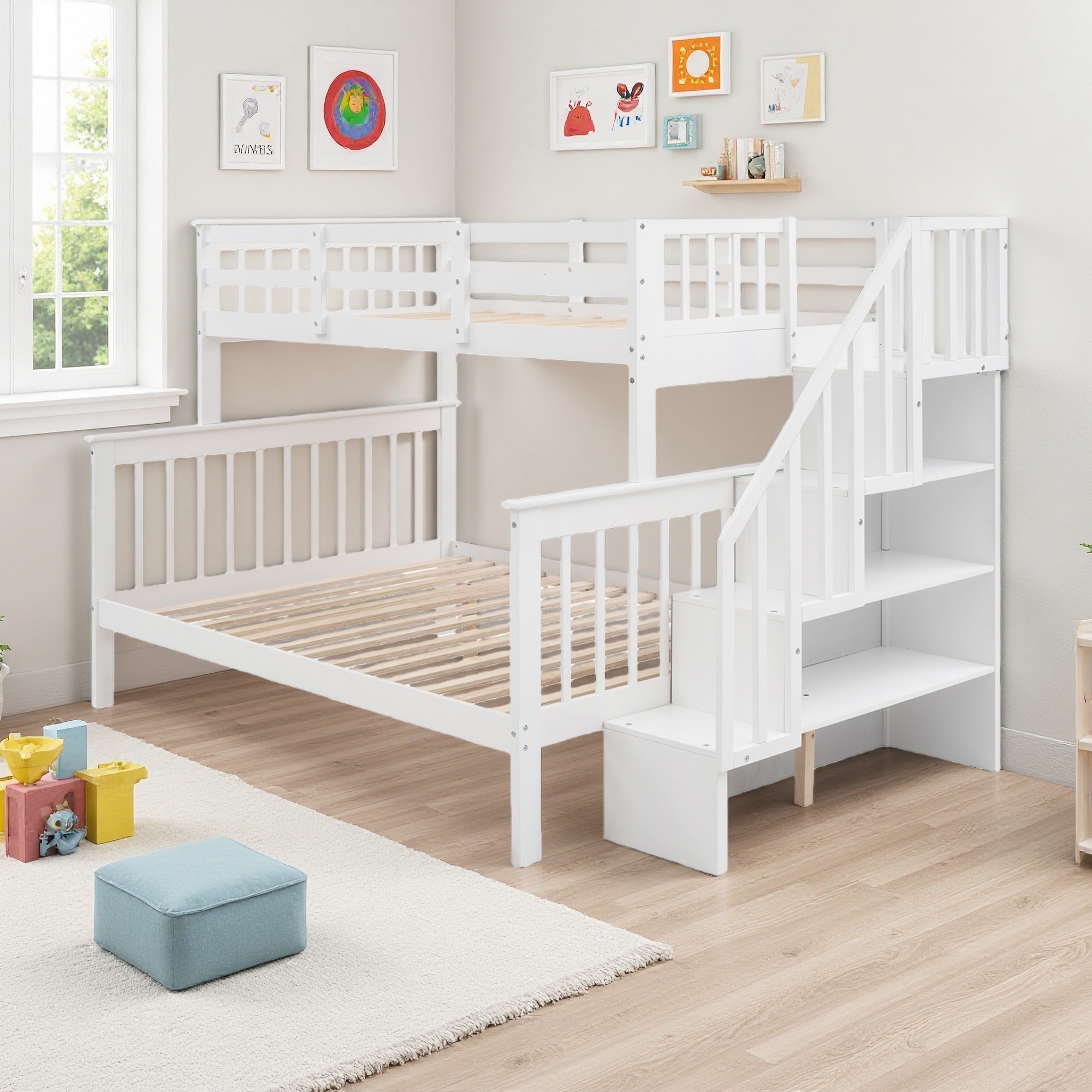 Twin Over Full Solid Wood Bunk Bed with Storage Staircase and Guard Rail