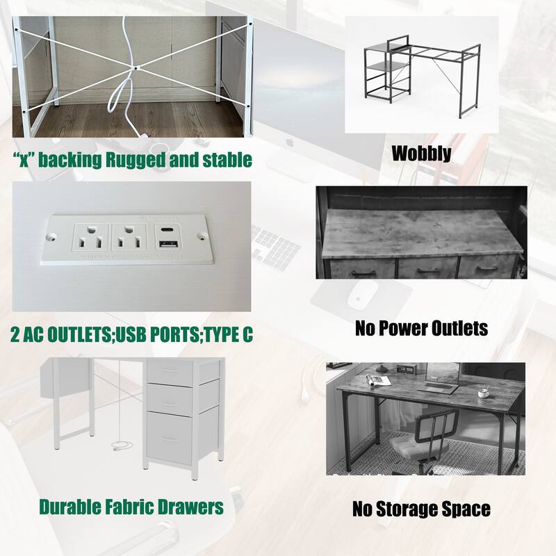 Anmytek 3 Drawer Home Office Desk with Built In Power Outlets Modern Writing Desk for Small Spaces Study Desk Computer Desk