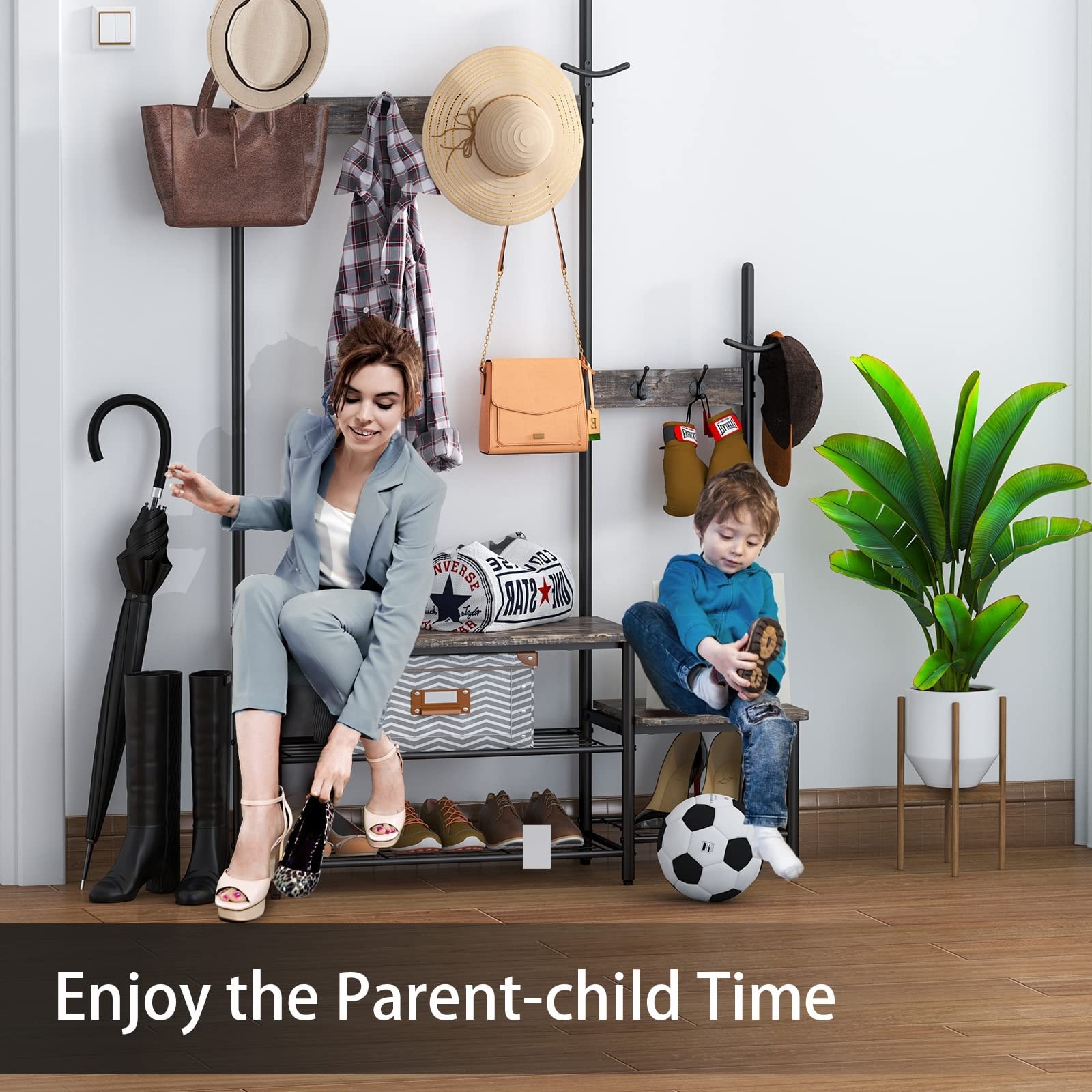 Household Storage Coat Stand For Kids Parent-Child Hall Tree Coat