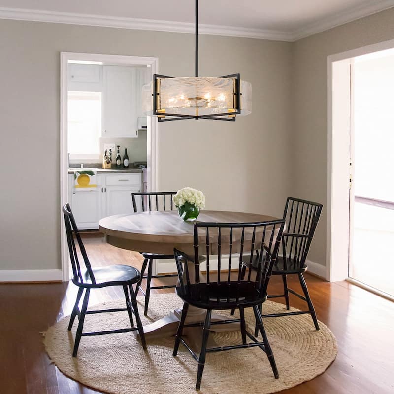 Modern Dining Room 6-Light Glazed Glass Drum Pendant Chandelier - 23.6in - Black & Gold