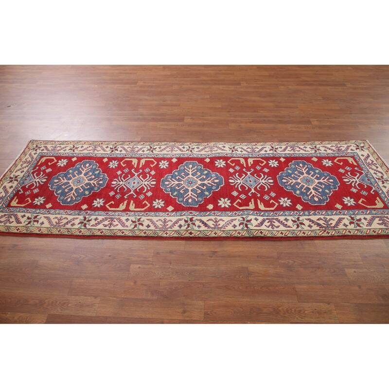 Hand Knotted Oriental 100% Wool Carpet Traditional Geometric Red Kazak Runner Rug - 8' 1'' X 2' 9''