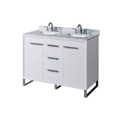 Luca 48 in. Vanity in White with White Carrara Marble Top with white basins