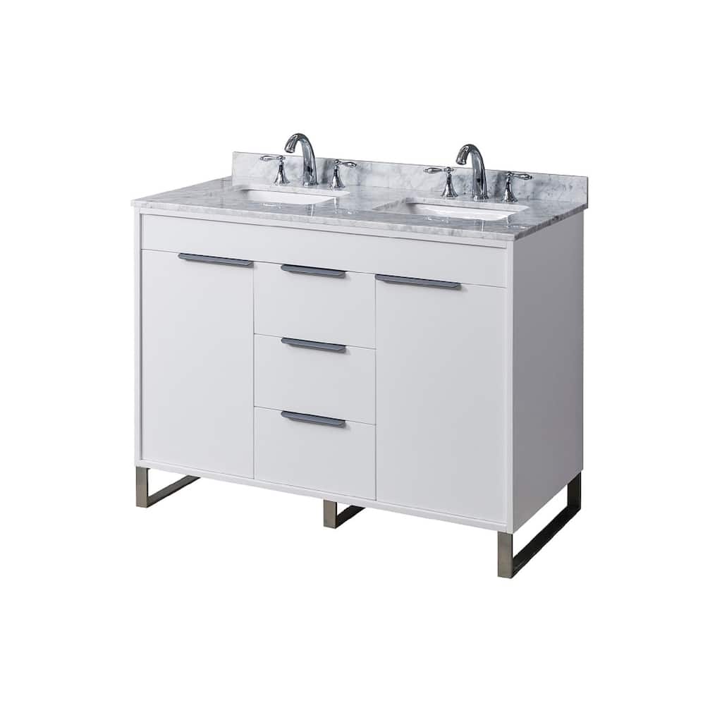 Luca 48 in. Vanity in White with White Carrara Marble Top with white basins