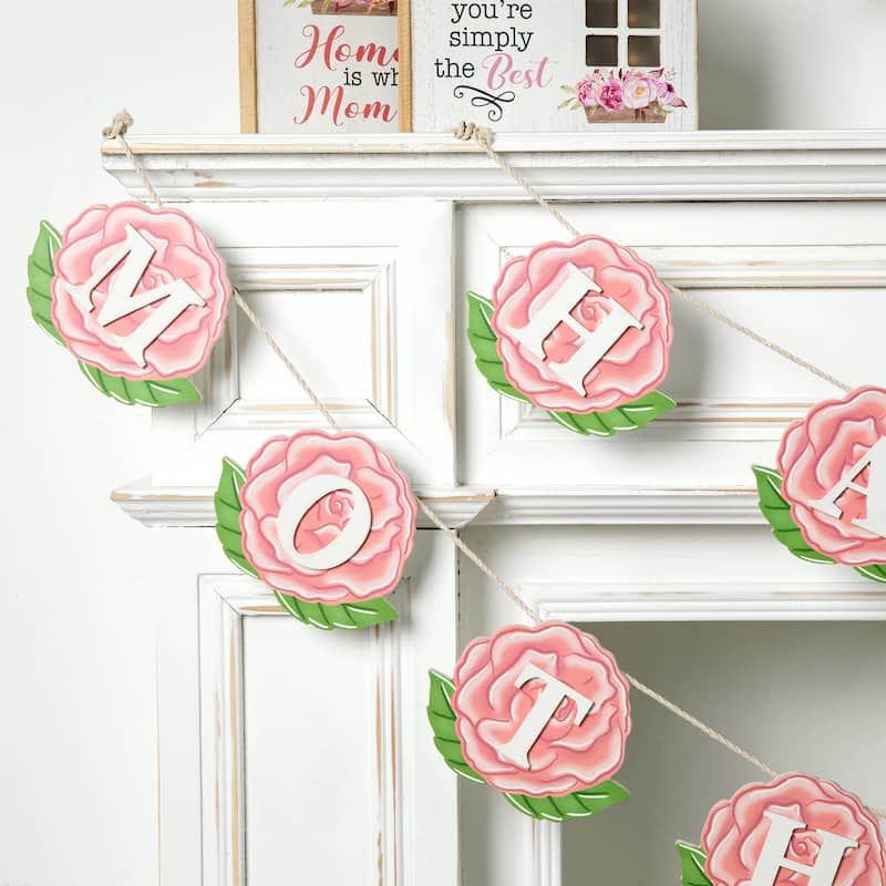 Glitzhome Set of 2 Happy Mothers Day Wooden Garland
