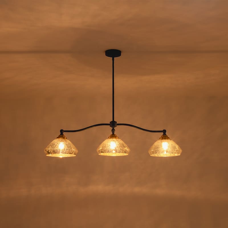 3-Light 39" W Industrial Black Linear Island Lights with Antique Brass Color Dome Glass Shade for Kitchen, Dining Room