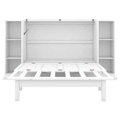 Full Size Murphy Bed with 6-Layer Shelves, 2 Storage Drawers and USB Ports, Foldable Platform Bed, No Box Spring Needed, White