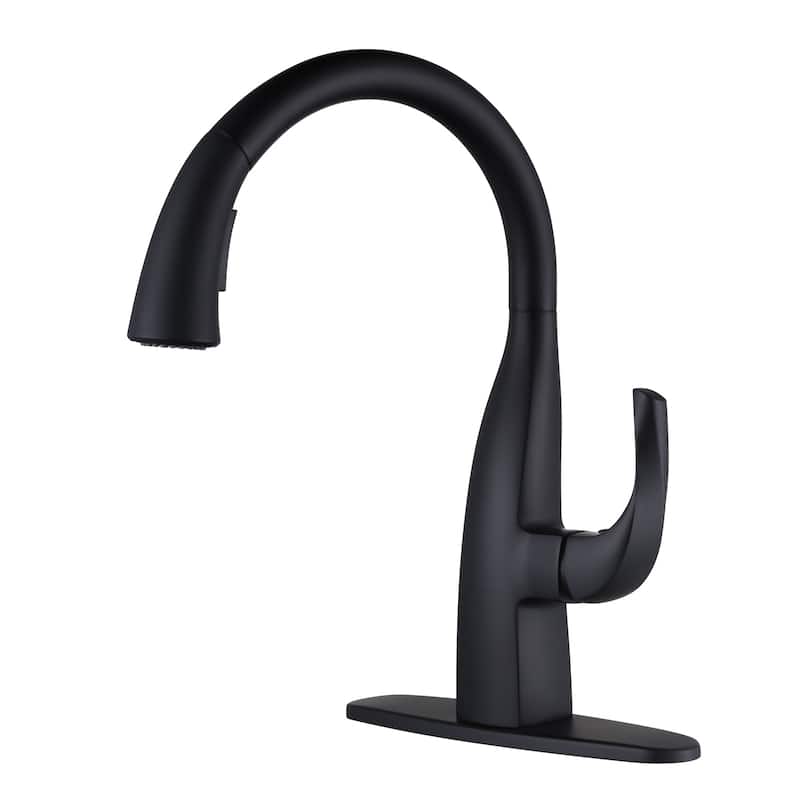 WOWOW Single Handle Gooseneck Kitchen Sink Faucet with Deckplate - Black