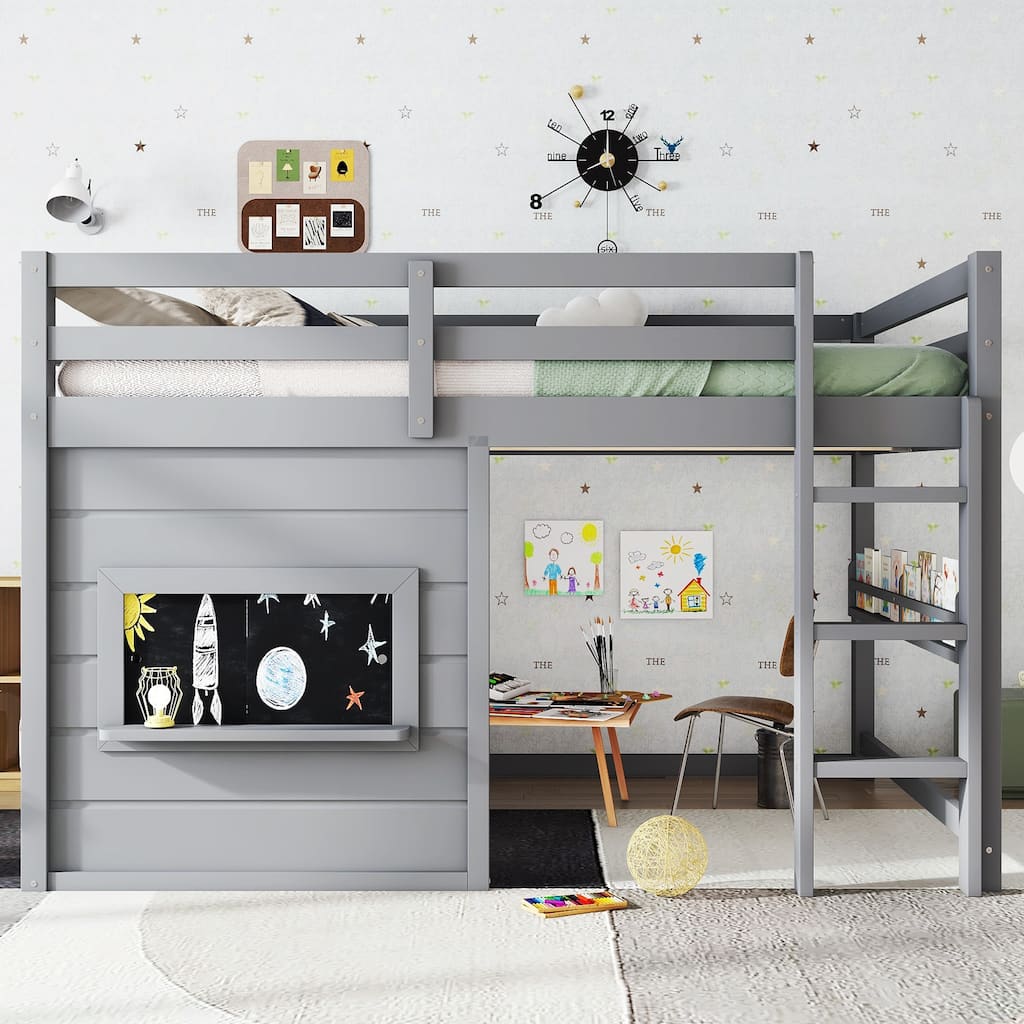 Full Size loft bed with a playful sliding chalkboard, built-in bookshelf, and high-quality safety rails
