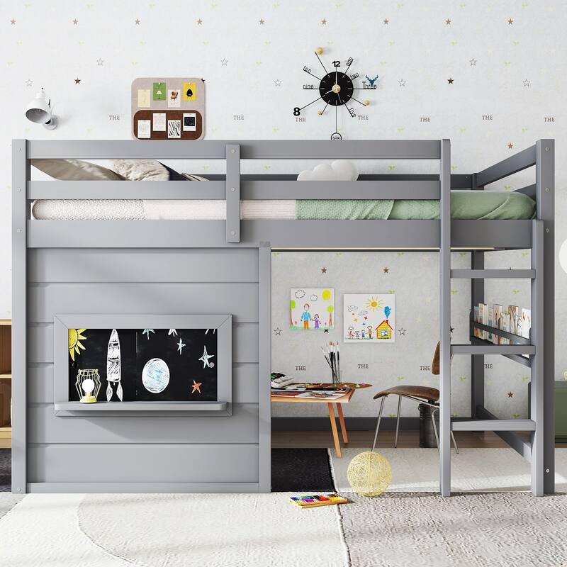 Roomfitters Low Loft Bed with Sliding Chalkboard and Bookshelf, House Frame Design