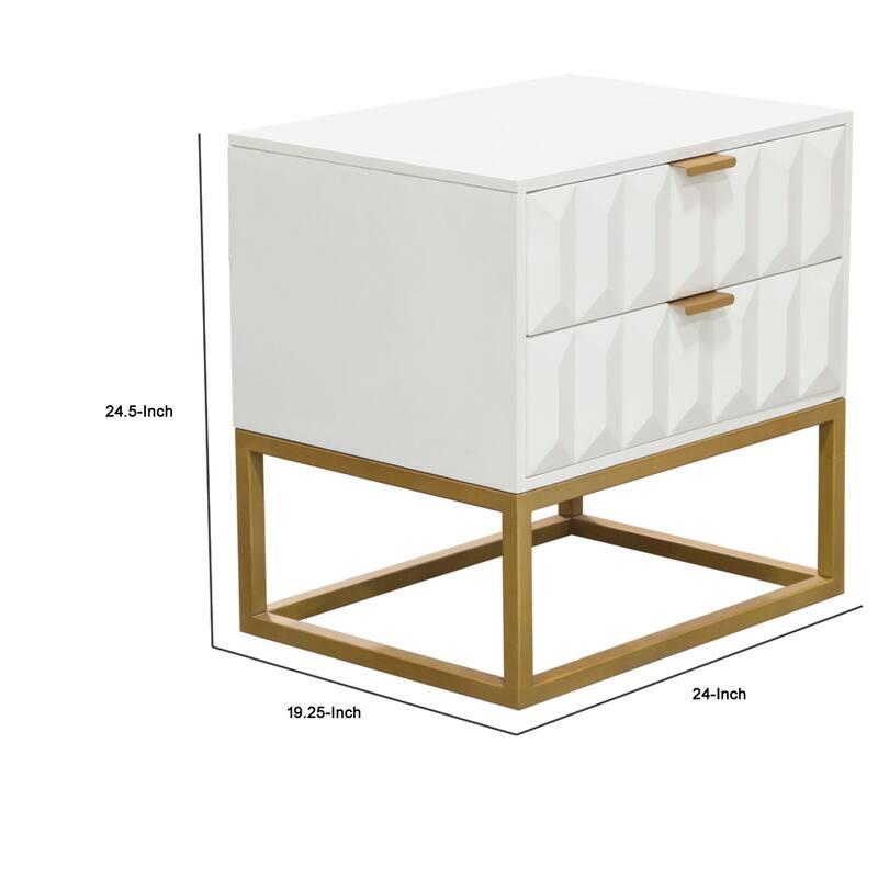 Fiva Nightstand, 2 Drawers, White Solid Mango Wood, Gold Iron Legs