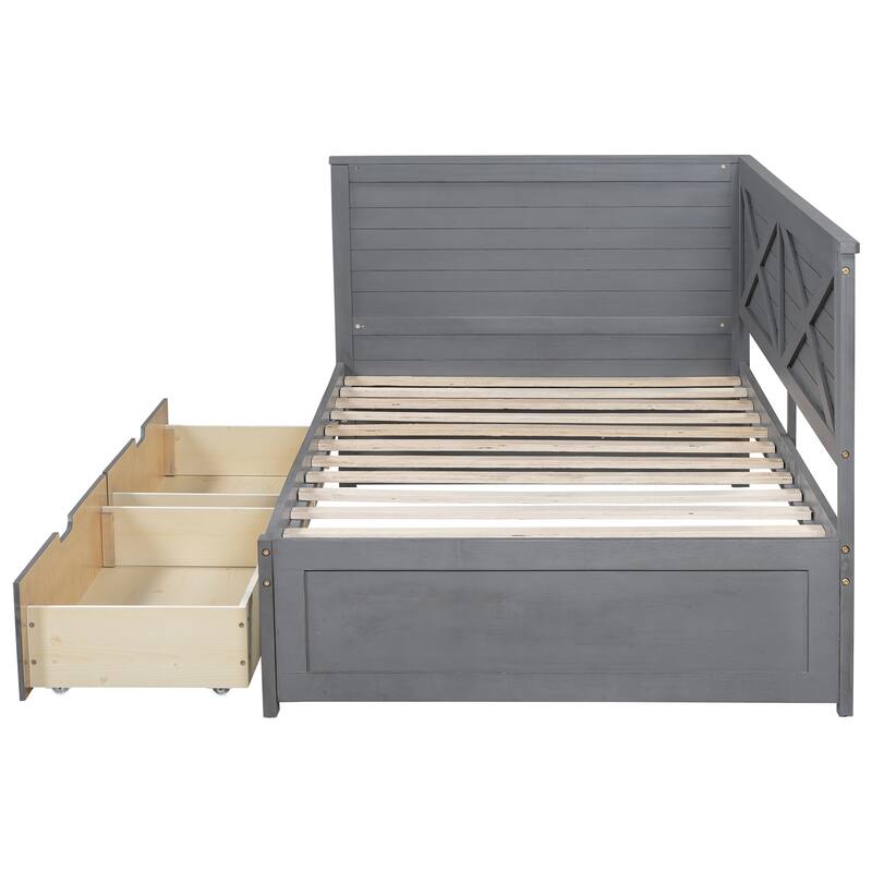 Grey Twin Size Bed with Drawers and Rustic Guardrail