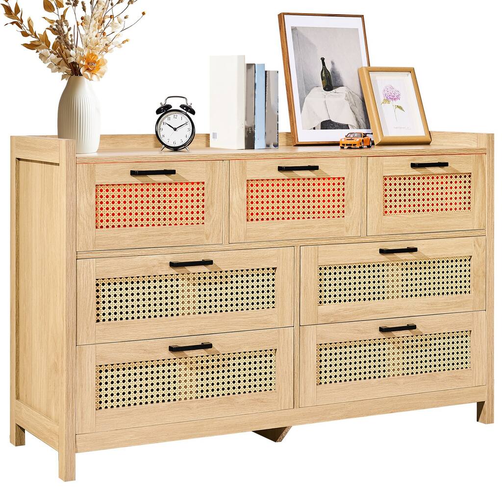 7 Drawer Natural Rattan Dresser with Large Storage Space Suitable for Any Room
